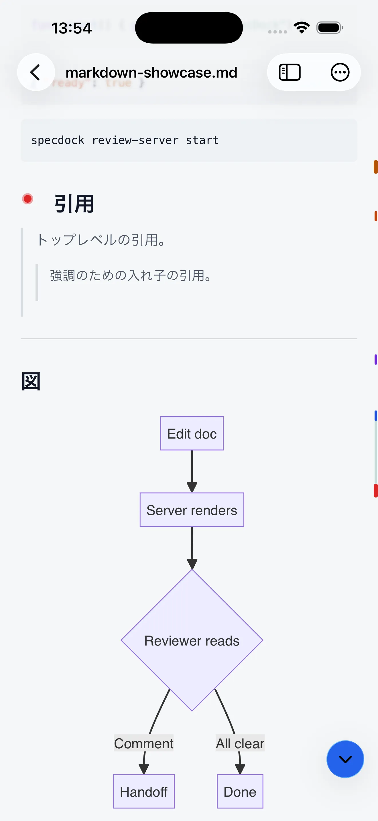 SpecDock のリーダー画面。見出し・コードブロック・Mermaid 図をレンダリング。