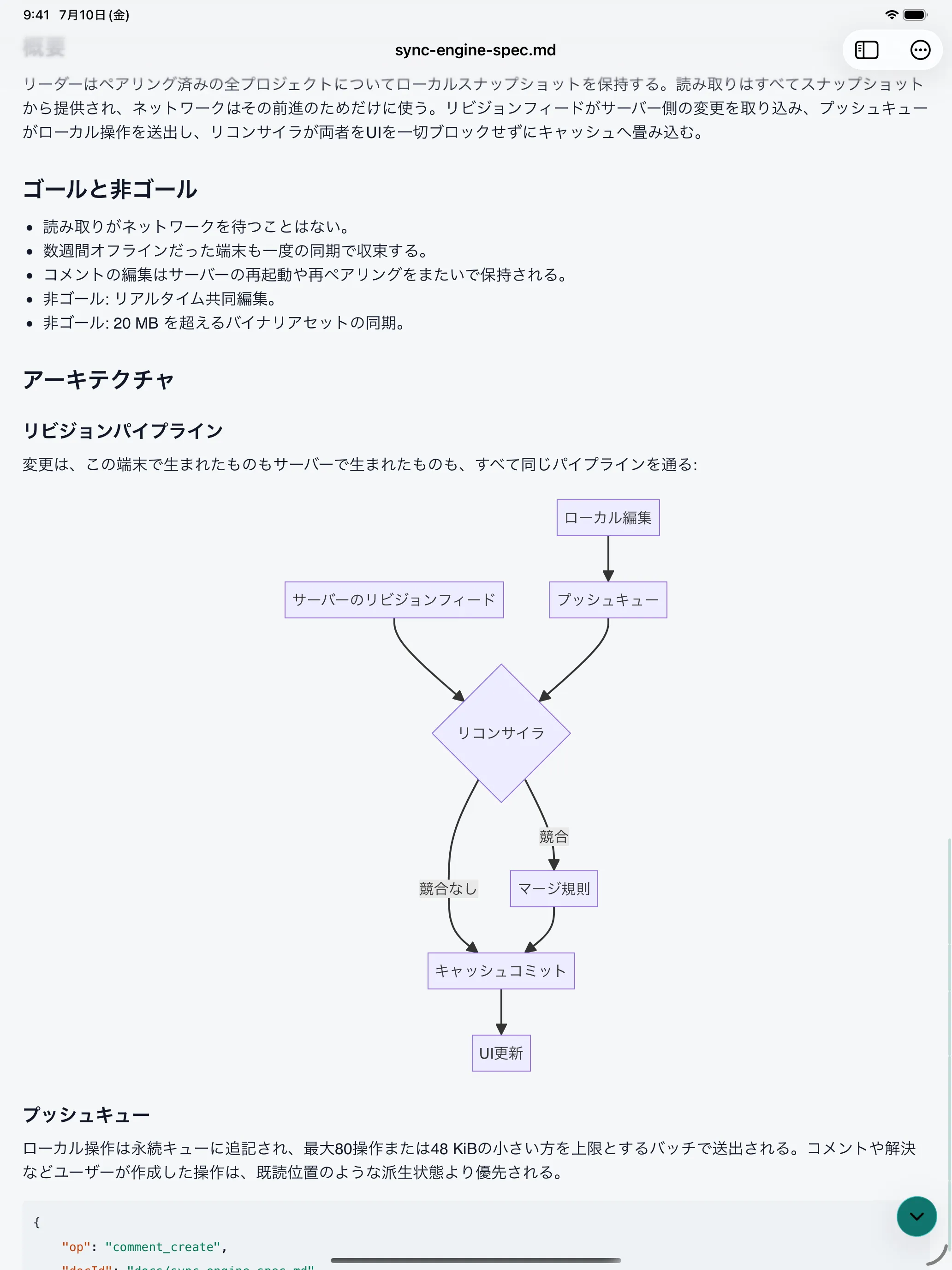 SpecDock のリーダー画面。見出しやコードブロック、Mermaid 図をレンダリング。