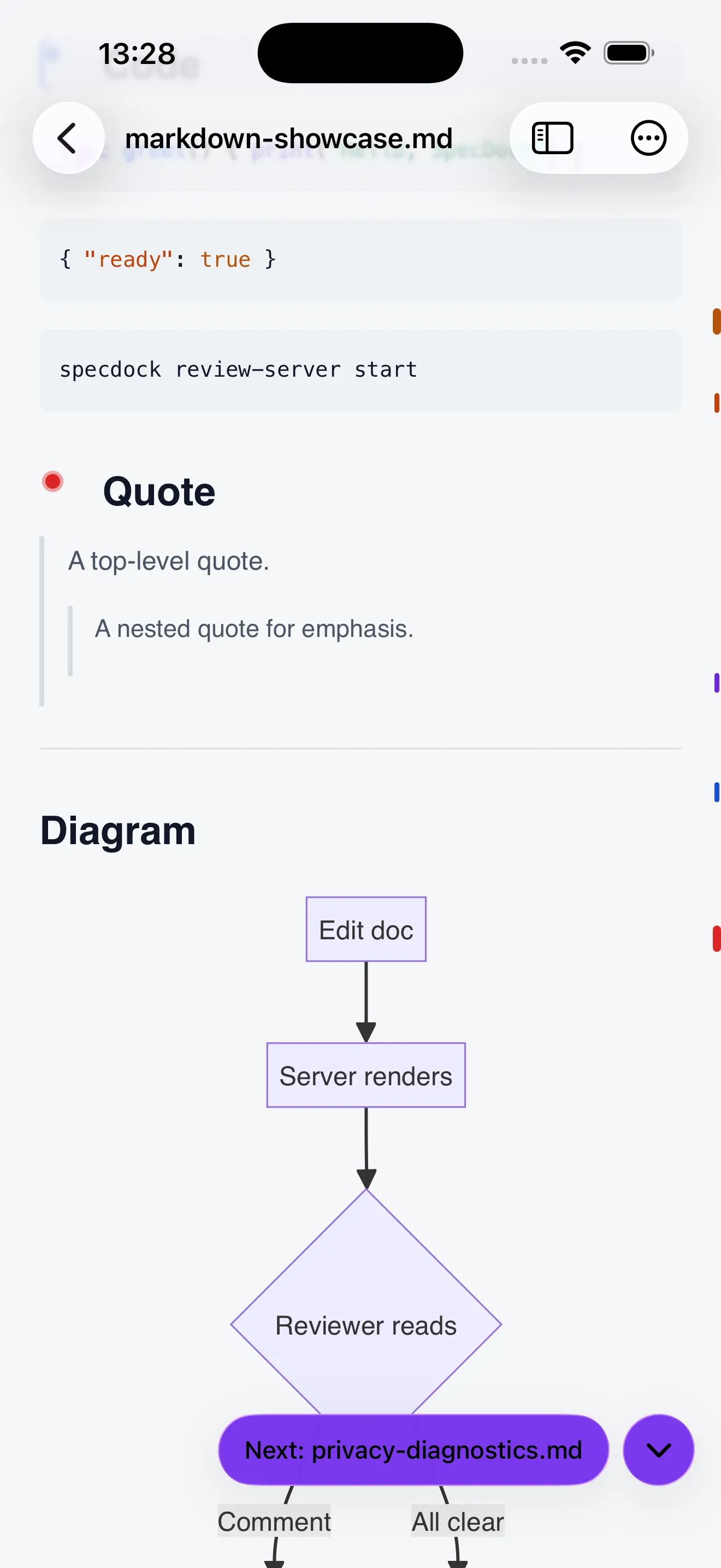 SpecDock's document reader rendering headings, a code block, and a Mermaid diagram.