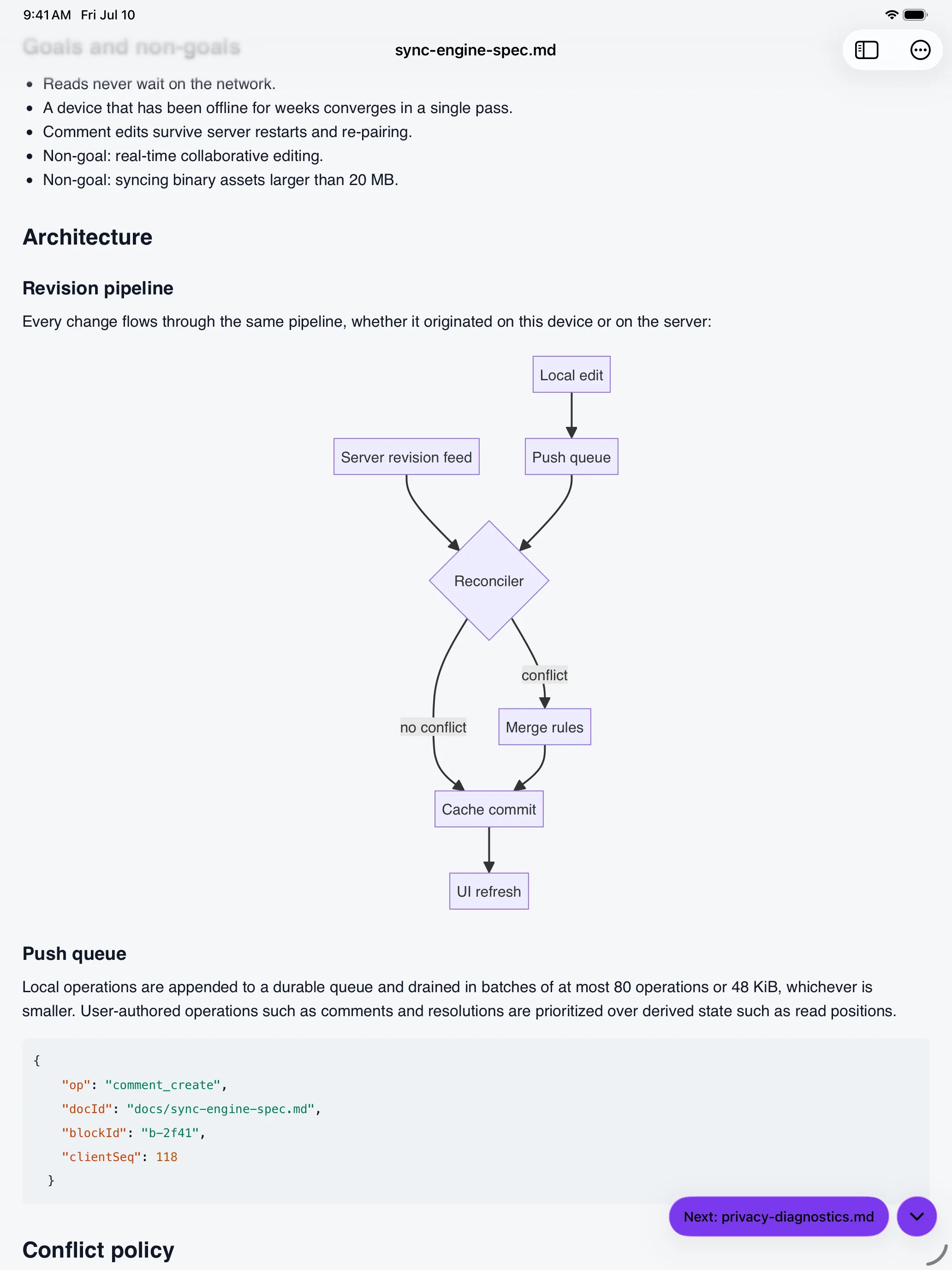 SpecDock's document reader rendering headings, a code block, and a Mermaid diagram.