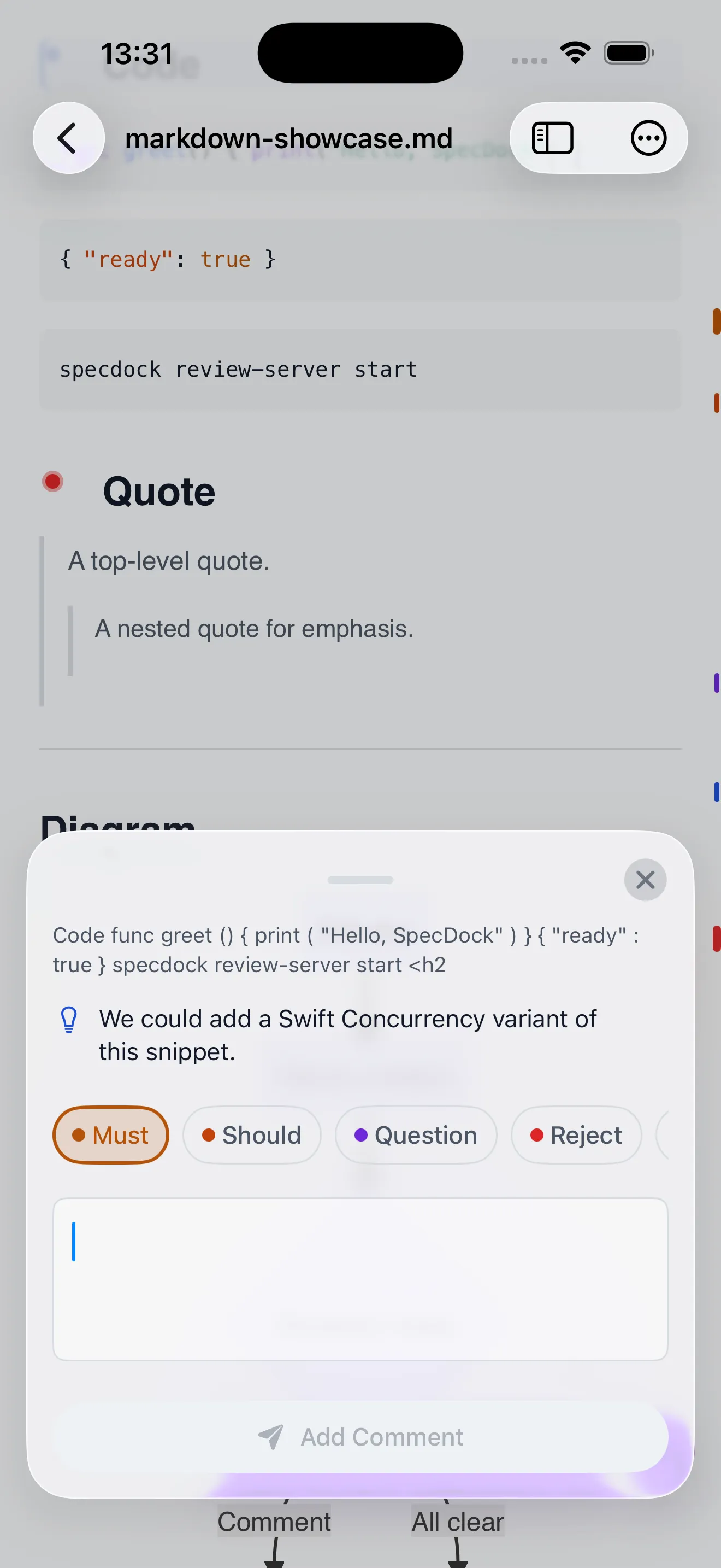 A comment island with Must, Should, Question, and Reject severity chips over a quoted passage.