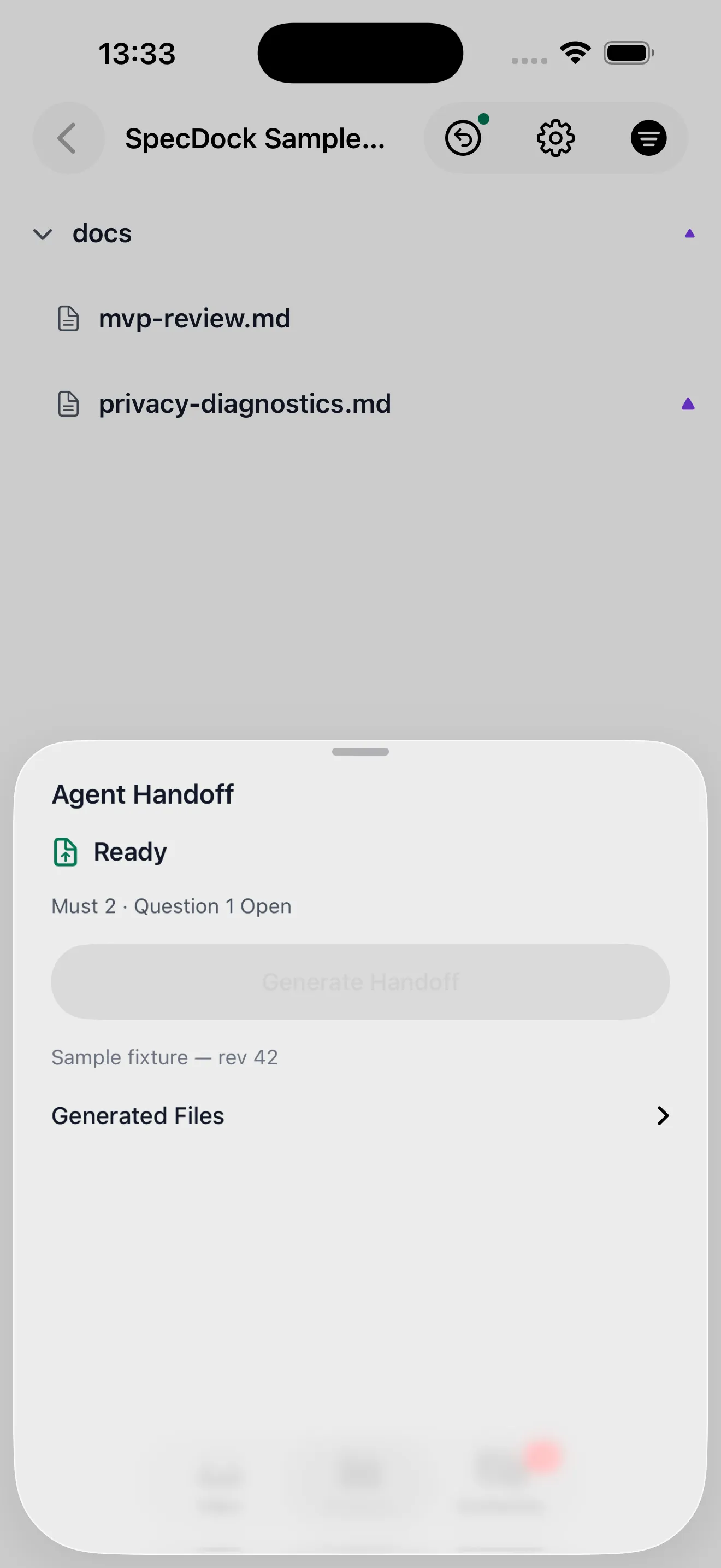 The Agent Handoff sheet showing review status and a Generate Handoff button.