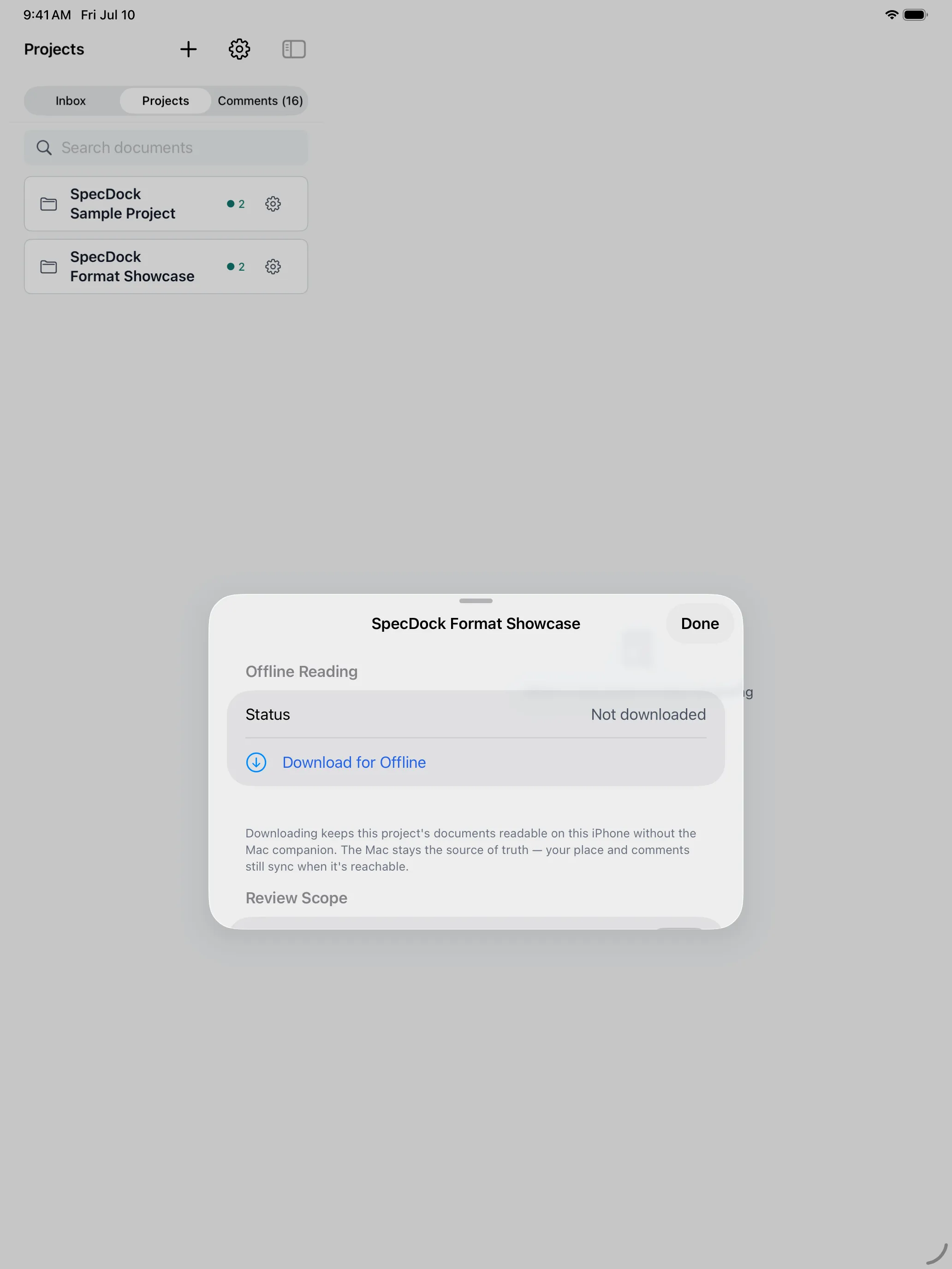The Offline Reading sheet showing a project available to download for offline access.