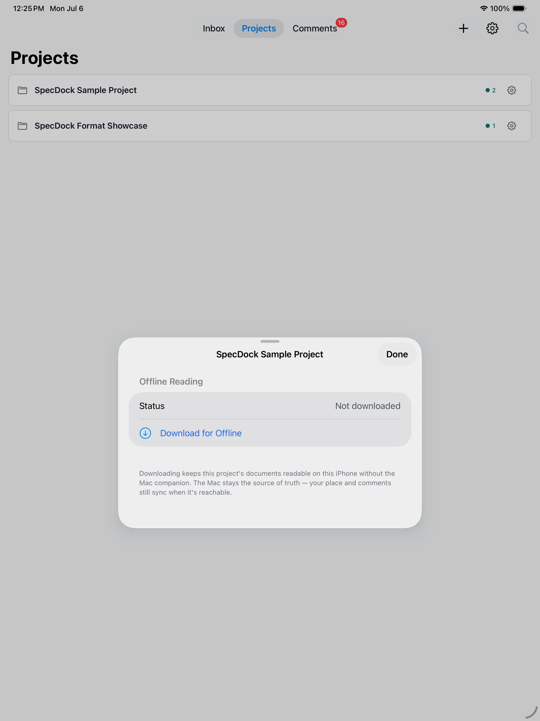 The Offline Reading sheet showing a project available to download for offline access.