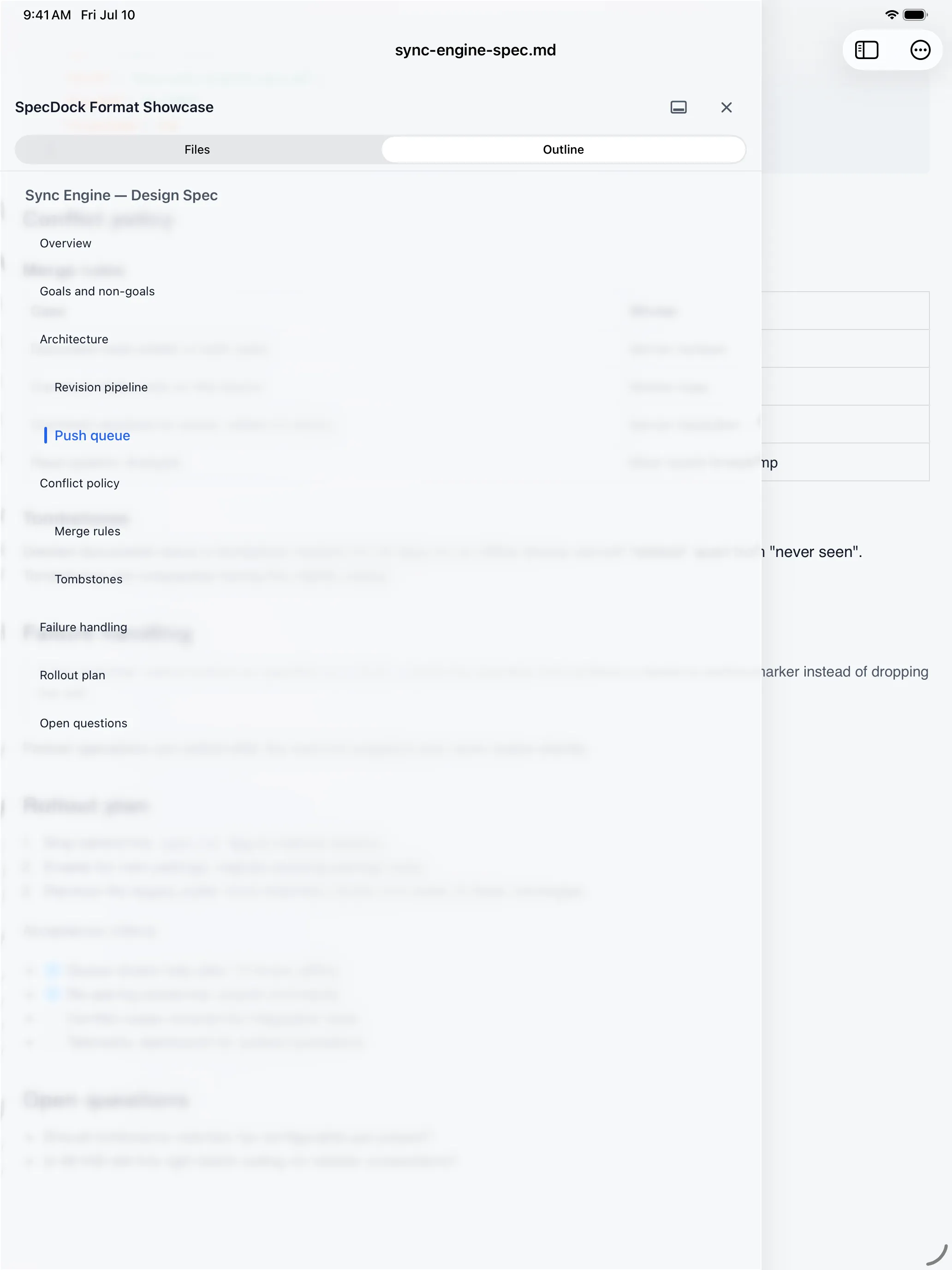 The reader's Outline drawer for jumping between document headings.